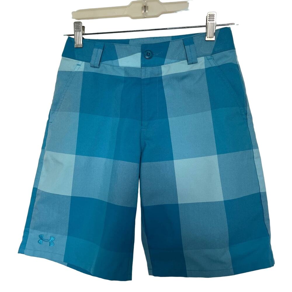 Under armor boys size Medium Polyester blue plaid shorts Loose Fit